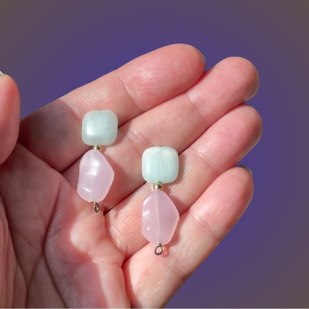 Pretty minimalist pale pink & green stone drop earrings